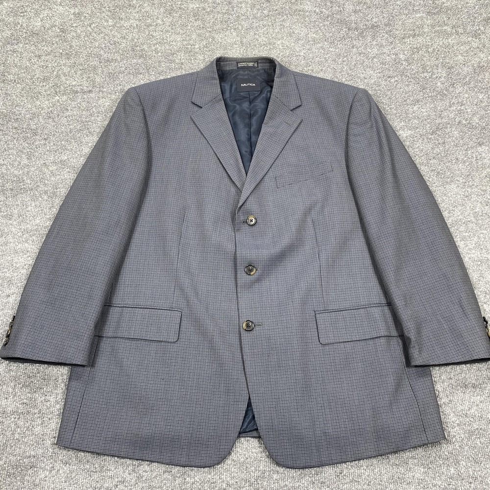 Nautica Suit Jacket Mens 46 Gray Check Wool‎ 2-Piece Notch Lapel Single-Breasted